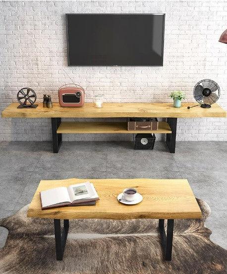 wood tv console and coffee table