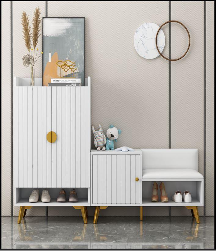 white shoe cabinet and bench