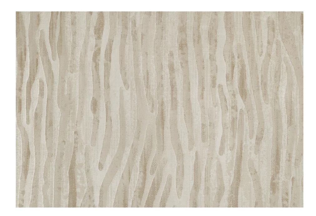 A square area rug with a modern abstract pattern of vertical wavy lines in beige, taupe, and cream tones.