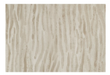 A square area rug with a modern abstract pattern of vertical wavy lines in beige, taupe, and cream tones.