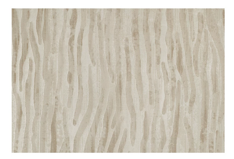 A square area rug with a modern abstract pattern of vertical wavy lines in beige, taupe, and cream tones.