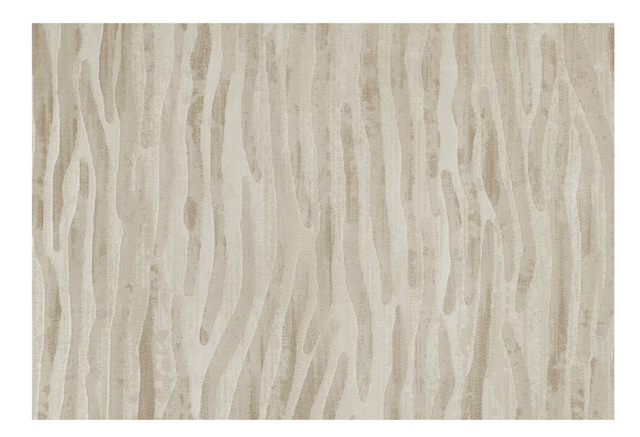 A square area rug with a modern abstract pattern of vertical wavy lines in beige, taupe, and cream tones.