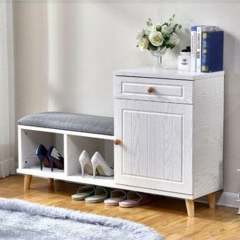 white shoe cabinet and bench