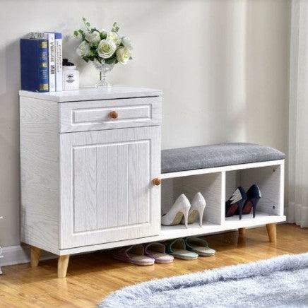 white wood shoe storage bench with cabinet