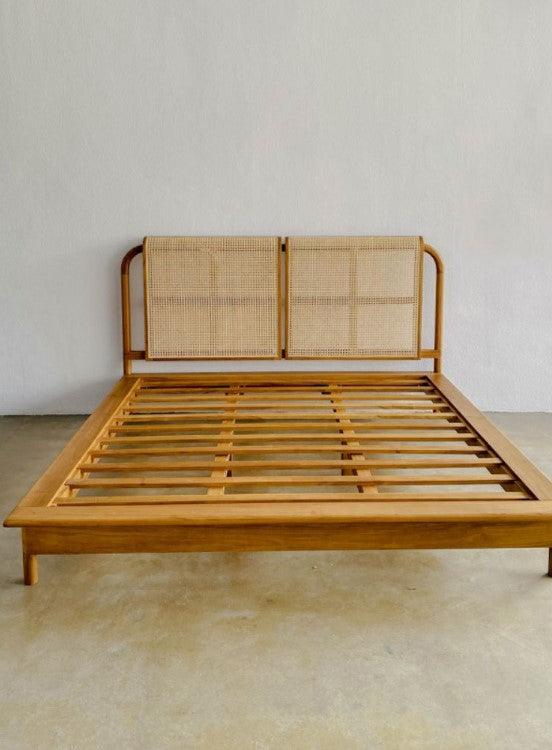 Solid Wood Bed Frame with Rattan Headboard | MATHURA - onehappyhome