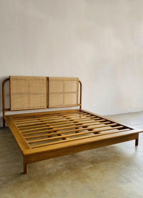 Solid Wood Bed Frame with Rattan Headboard | MATHURA - onehappyhome