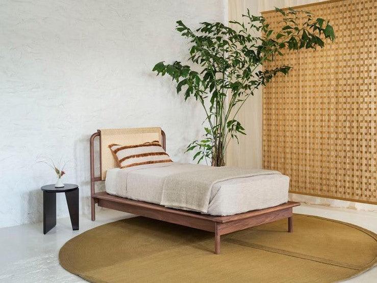 Solid Wood Bed Frame with Rattan Headboard | MATHURA - onehappyhome