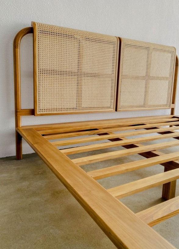 Solid Wood Bed Frame with Rattan Headboard | MATHURA - onehappyhome