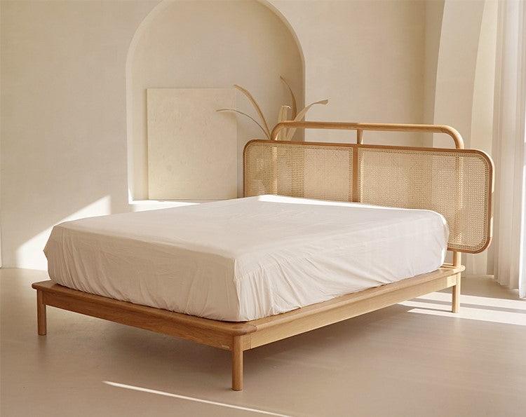 Solid Wood Bed Frame with Rattan Headboard | YAUVANI - onehappyhome