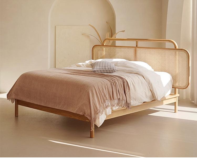 Solid Wood Bed Frame with Rattan Headboard | YAUVANI - onehappyhome