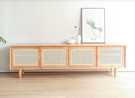 solid wood rattan tv console side table