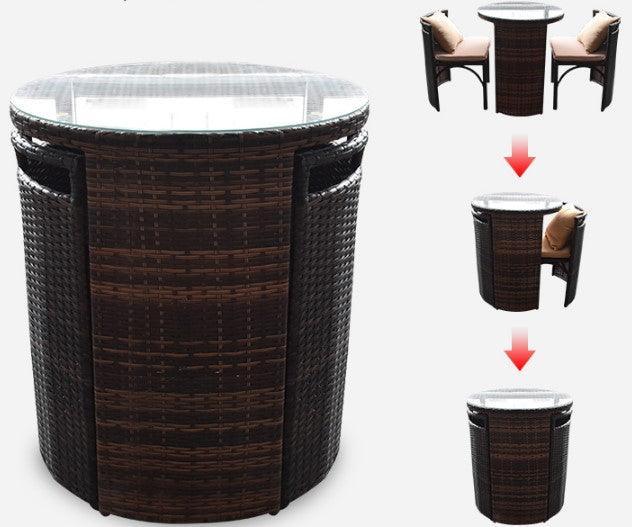 Space Saving Outdoor Furniture Set, Round Rattan Table with 2 Chairs | HELENA - onehappyhome