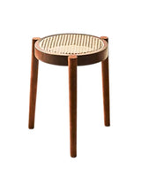 Solid Wood Round Stool with Natural Rattan Seat