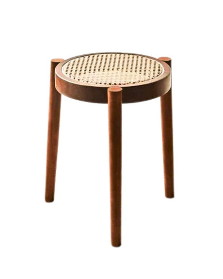 Solid Wood Round Stool with Natural Rattan Seat