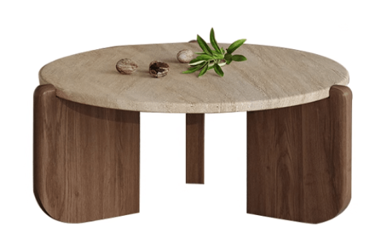 Travertine coffee table with  wood  legs