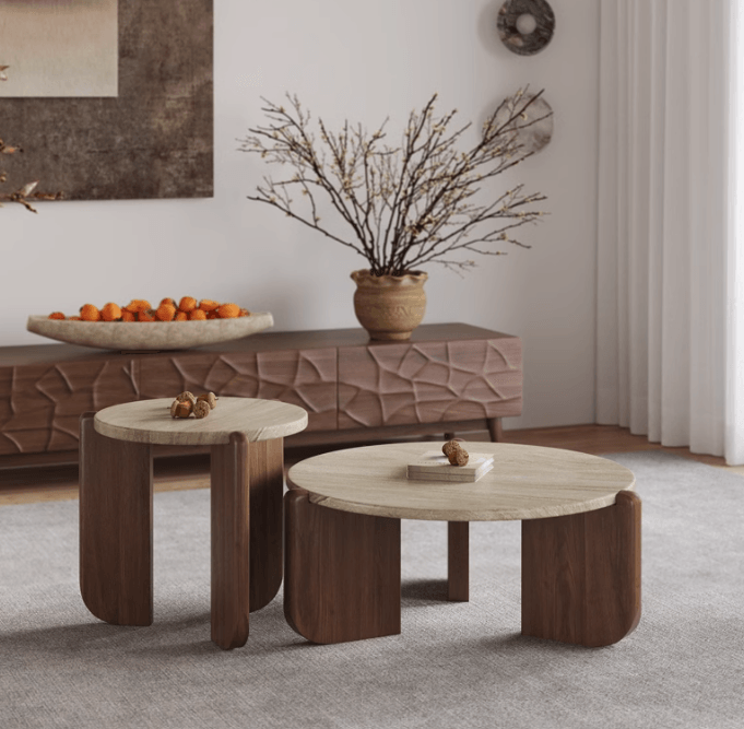 Travertine coffee table with  wood  legs