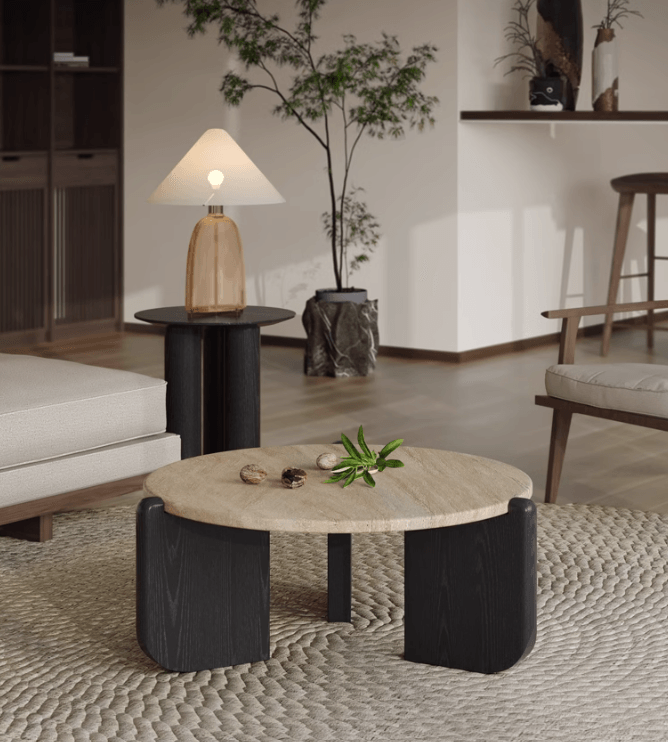 Travertine coffee table with black  wood  legs