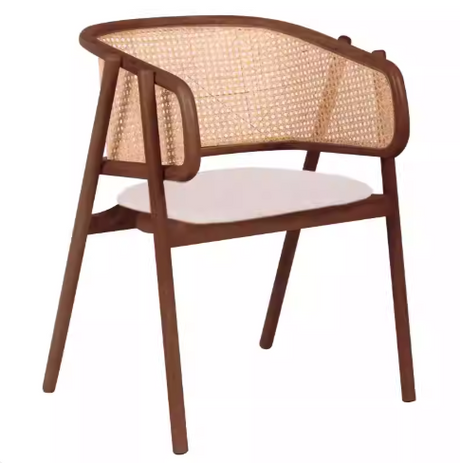 Chair with wicker backrest and wooden frame and upholstered seat.